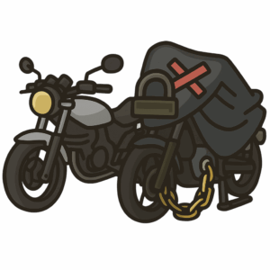 Illustration showing two motorbikes in a garage setting, with the least-favourite bike left uncovered at the front and a second bike behind it secured with a heavy-duty chain, U-lock and protective cover, visualising layered motorbike security measures.