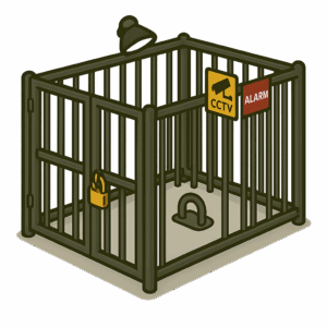 Secure parking spot for motorbikes illustrated as a locked cage with CCTV, alarm signage and a ground anchor, representing safe storage as a key motorbike security essential.