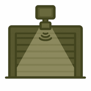 Sensor light activating above a closed garage door in a flat olive green illustration style, showing a wide light beam and motion detection to represent motorbike security and enhanced garage protection.