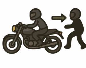 Flat illustrated graphic showing motorbike security tactics, including a rider being followed and a “no parking outside” symbol, highlighting daily habits and awareness to deter theft.