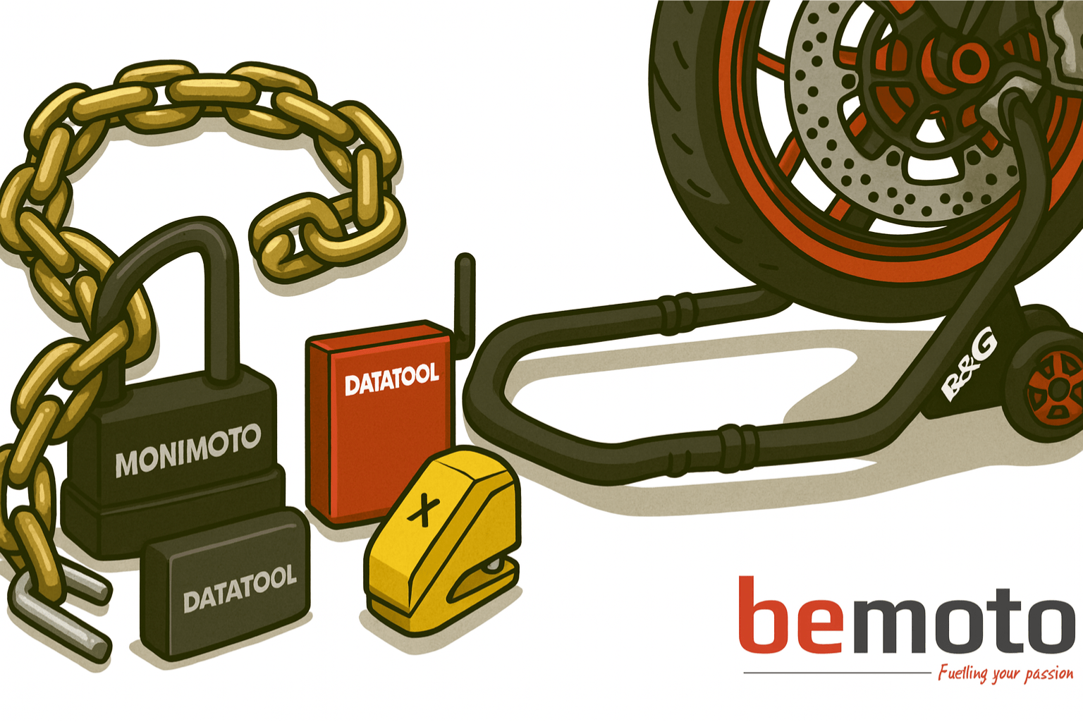 Featured image for Top 10 Motorbike Security Essentials showing a heavy-duty chain, GPS tracker, alarm system, disc lock and rear wheel secured with a paddock stand, representing layered motorbike theft protection.
