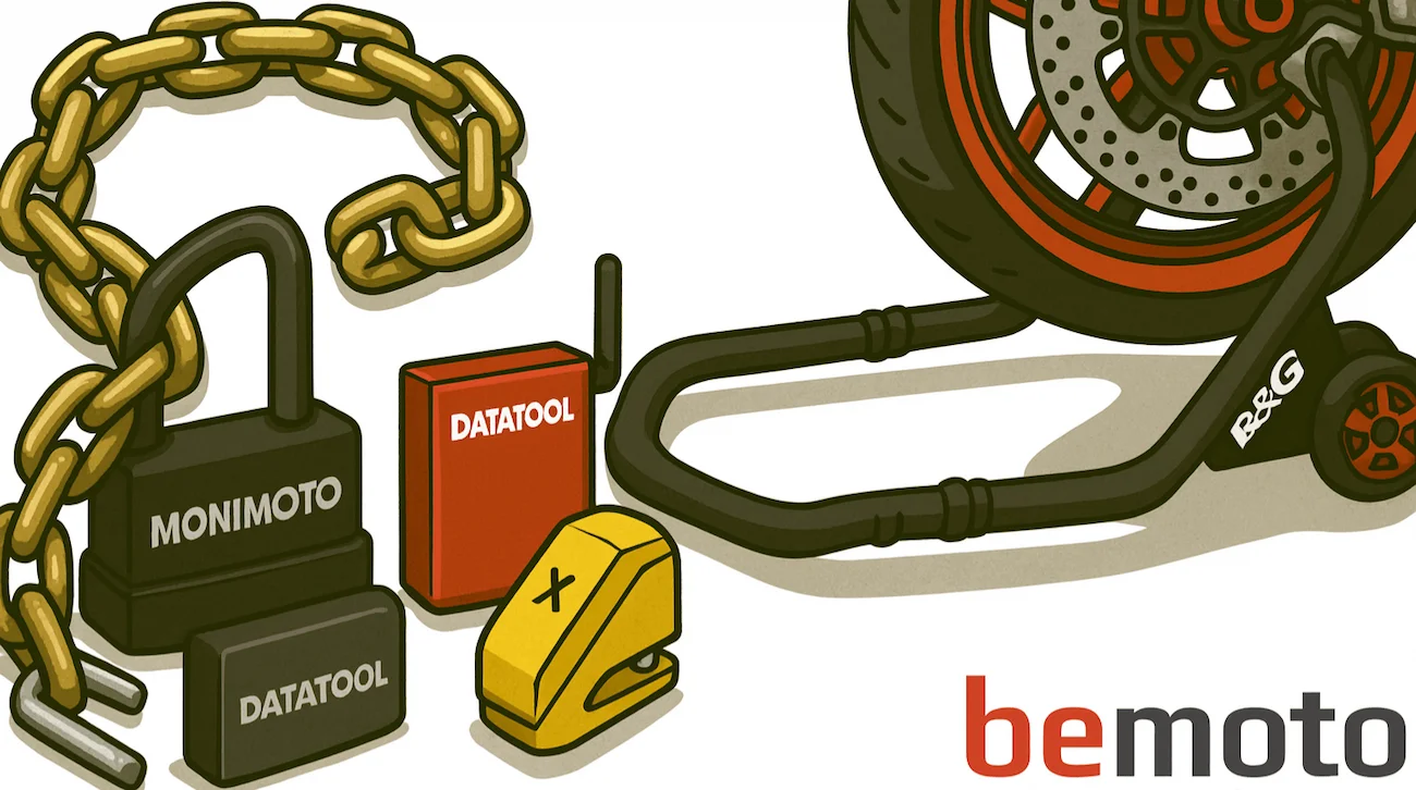 Featured image for Top 10 Motorbike Security Essentials showing a heavy-duty chain, GPS tracker, alarm system, disc lock and rear wheel secured with a paddock stand, representing layered motorbike theft protection.