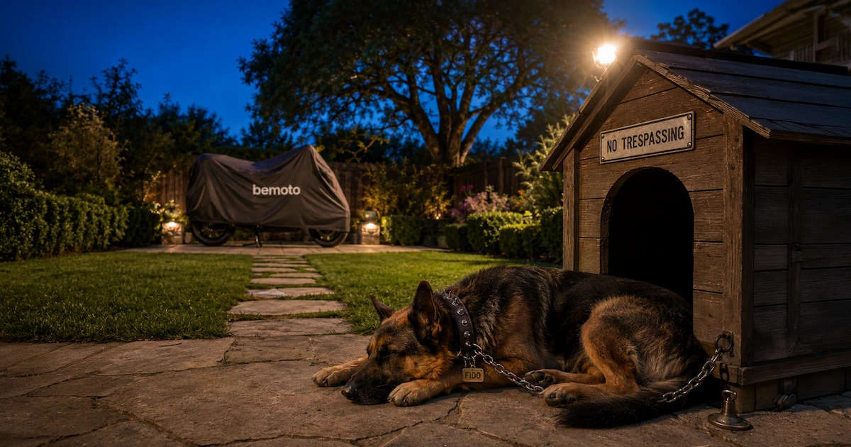 German Shepherd dog named Fido sleeping beside a wooden dog house in a back garden with a "No Trespassing" sign in a landscaped backyard at dusk. A covered motorcycle with a Bemoto logo sits in the background under warm floodlight illumination, surrounded by manicured lawn, flower beds, and an oak tree.