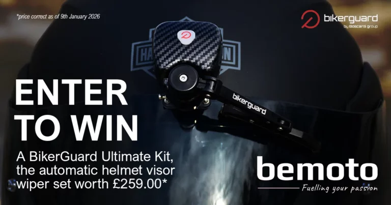 The bemoto “enter to win” competition banner featuring a carbon fibre styled biker guard ultimate kit visor wiper mounted on a motorcycle helmet, bemoto logo with “fuelling your passion” strapline, and biker guard branding, with text stating the kit value of £259.00 and price correct as of 9th january 2026.