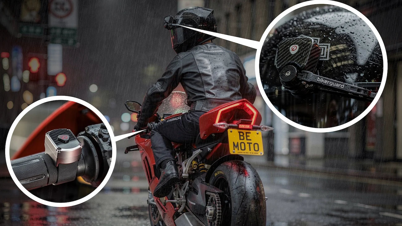 Motorcyclist on a red Ducati riding in the rain at night, featuring BikerGuard automatic helmet visor wiper with close-ups of the handlebar remote and wiper motor unit.
