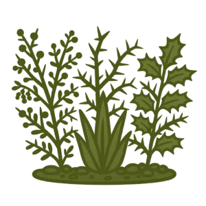 Thorny defensive landscaping illustration showing pyracantha, berberis, holly and spiky plants used as motorbike security deterrents, displayed in a flat olive-green asset style with a transparent background.