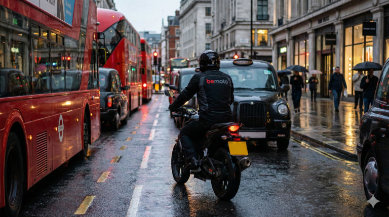 Motorcyclist filtering safely through heavy traffic in a UK city.
