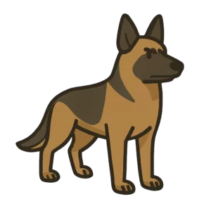 Stylised cartoon illustration of a German Shepherd guard dog standing alert, shown in a flat security-themed art style with a transparent background.