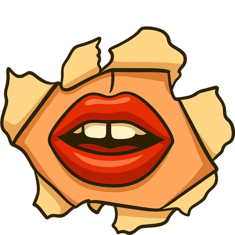Cartoon-style image of red lips behind a ripped canvas, representing BeMoto GAP Insurance and protecting the value of your bike.