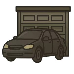 Illustration of a car parked directly in front of a closed garage door, shown in a flat, stylised art style with a transparent background, used to demonstrate a motorbike security tactic of blocking access with a vehicle.