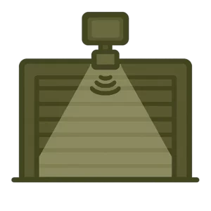 Stylised illustration of a motion sensor light mounted above a garage door illuminating the area as a theft deterrent.