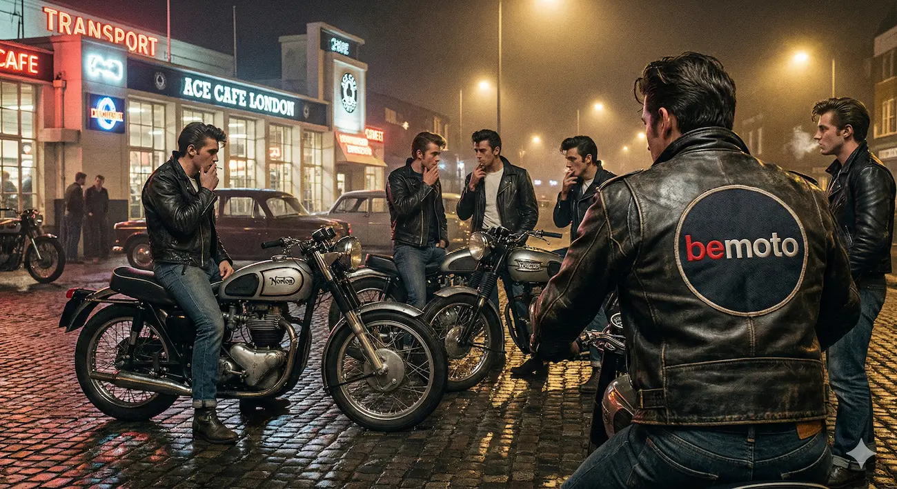 Cafe racer history scene outside a 1950s British cafe at night.
