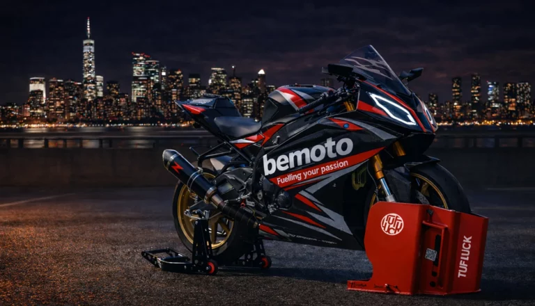Bemoto-branded sports motorcycle secured with a red TufLuck Tough Motorcycle Parking Lock and front wheel chock, photographed at night with an illuminated city skyline in the background.