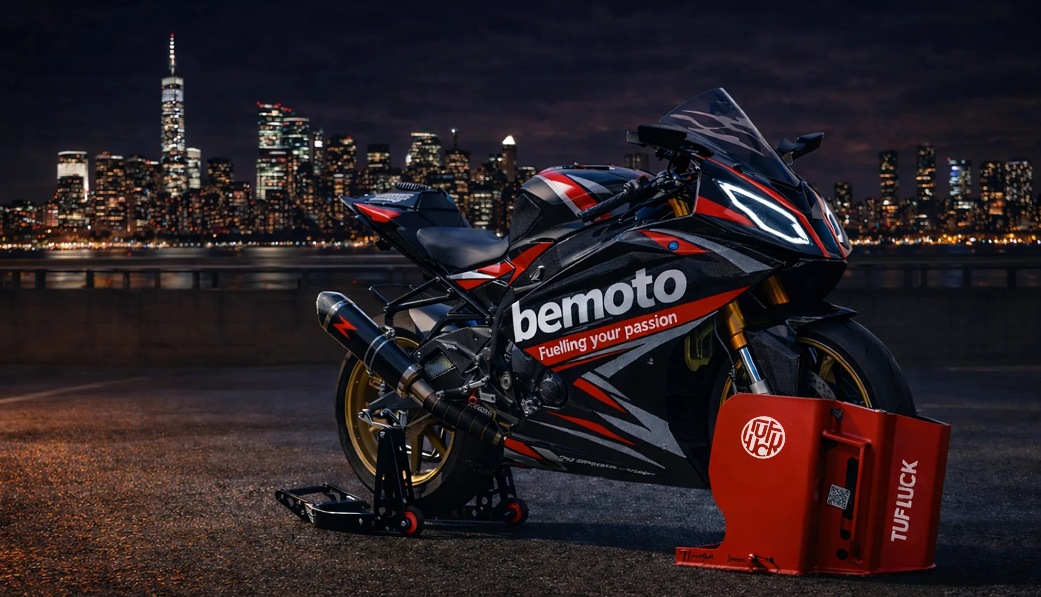 Bemoto-branded sports motorcycle secured with a red TufLuck Tough Motorcycle Parking Lock and front wheel chock, photographed at night with an illuminated city skyline in the background.