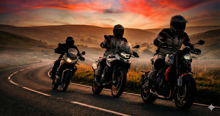 Three motorcyclists riding middleweight adventure and modern classic bikes on a winding UK B-road at sunset.