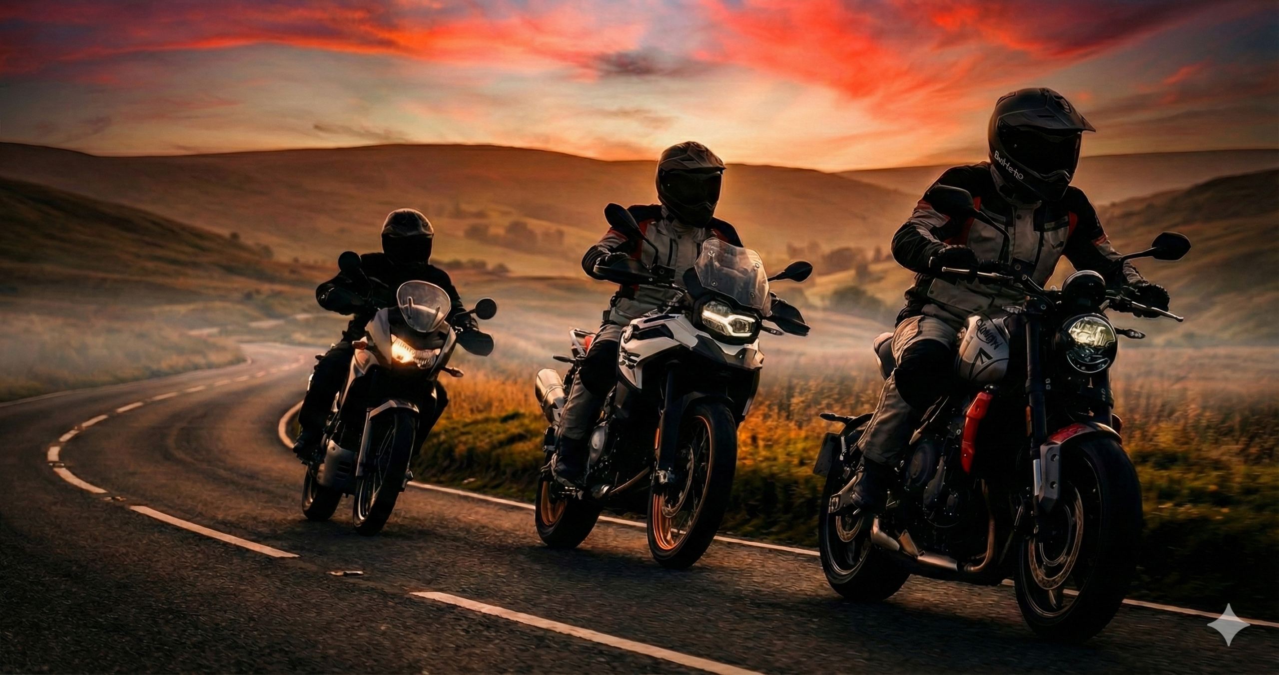 Three motorcyclists riding middleweight adventure and modern classic bikes on a winding UK B-road at sunset.