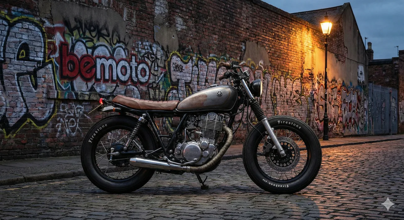 Custom brat style motorcycle with flat seat parked in a city.