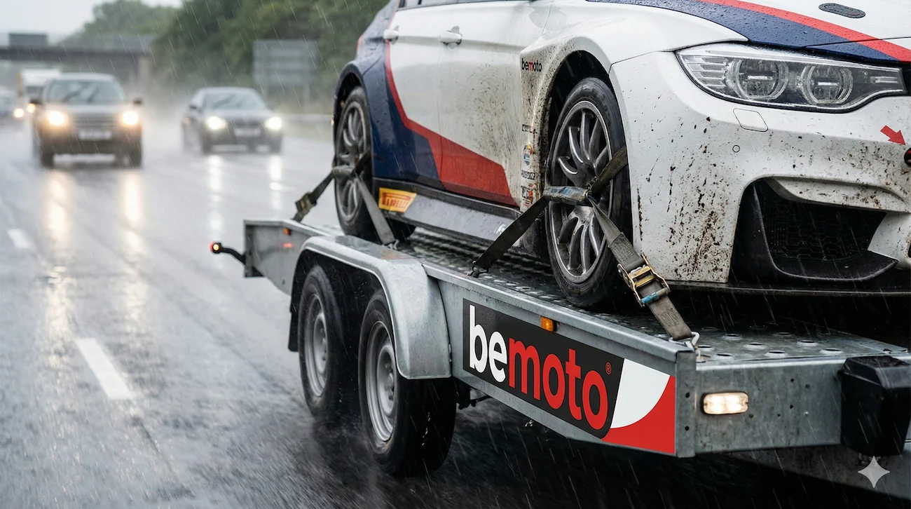 Race car being transported on a trailer with in transit cover