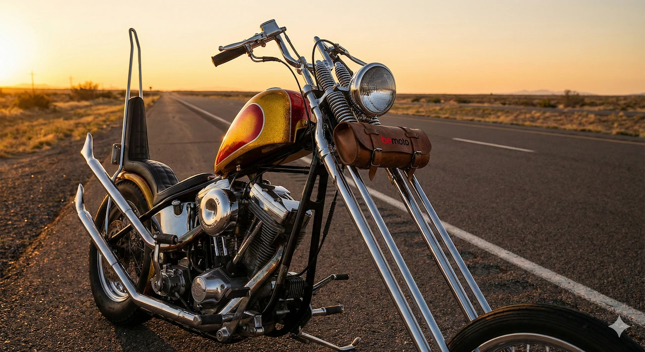Chopper history scene with a raked out Harley Davidson at sunset.
