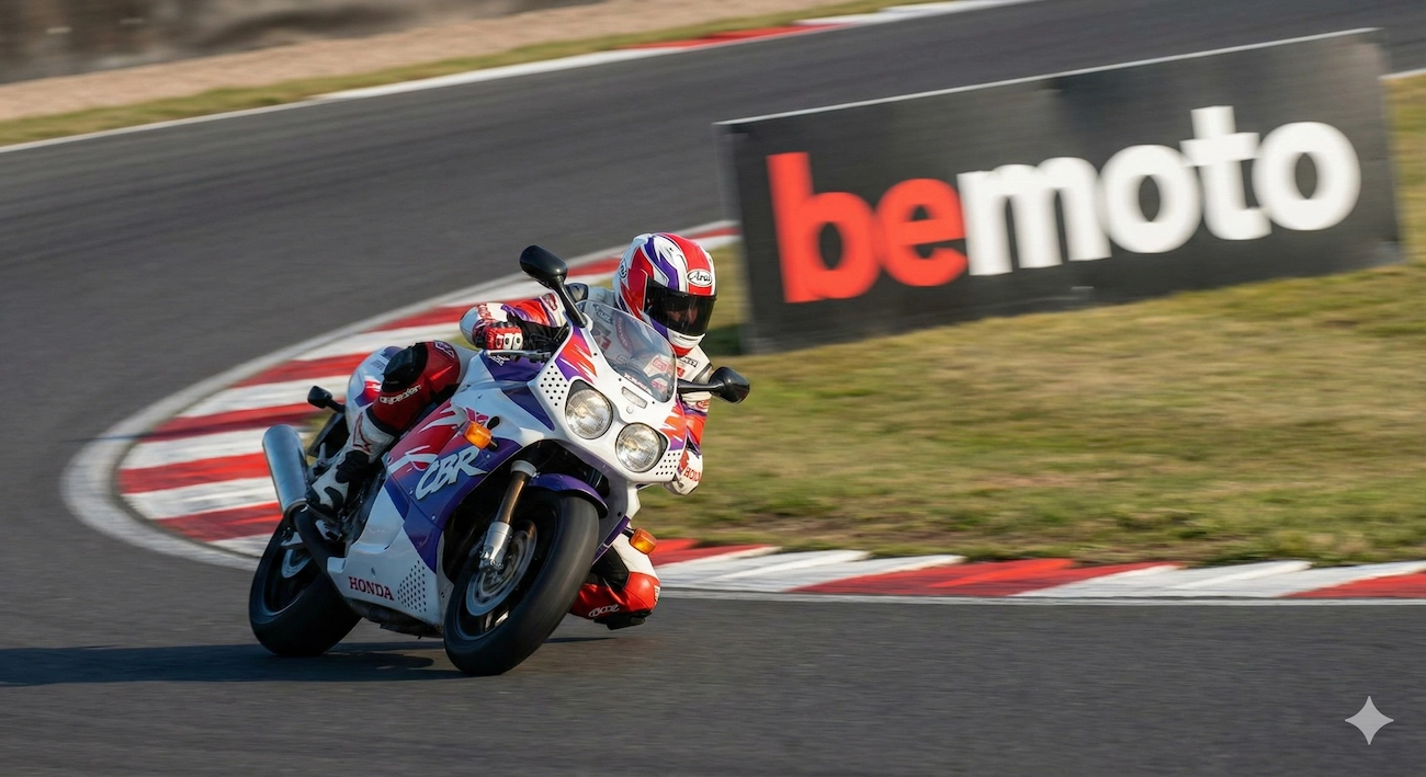 Classic Honda Fireblade on track illustrating sports bike history.
