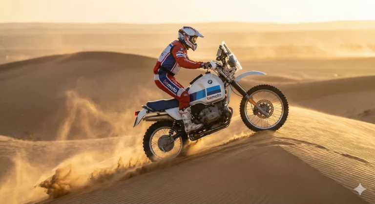 Classic BMW adventure bike racing in the desert dunes.