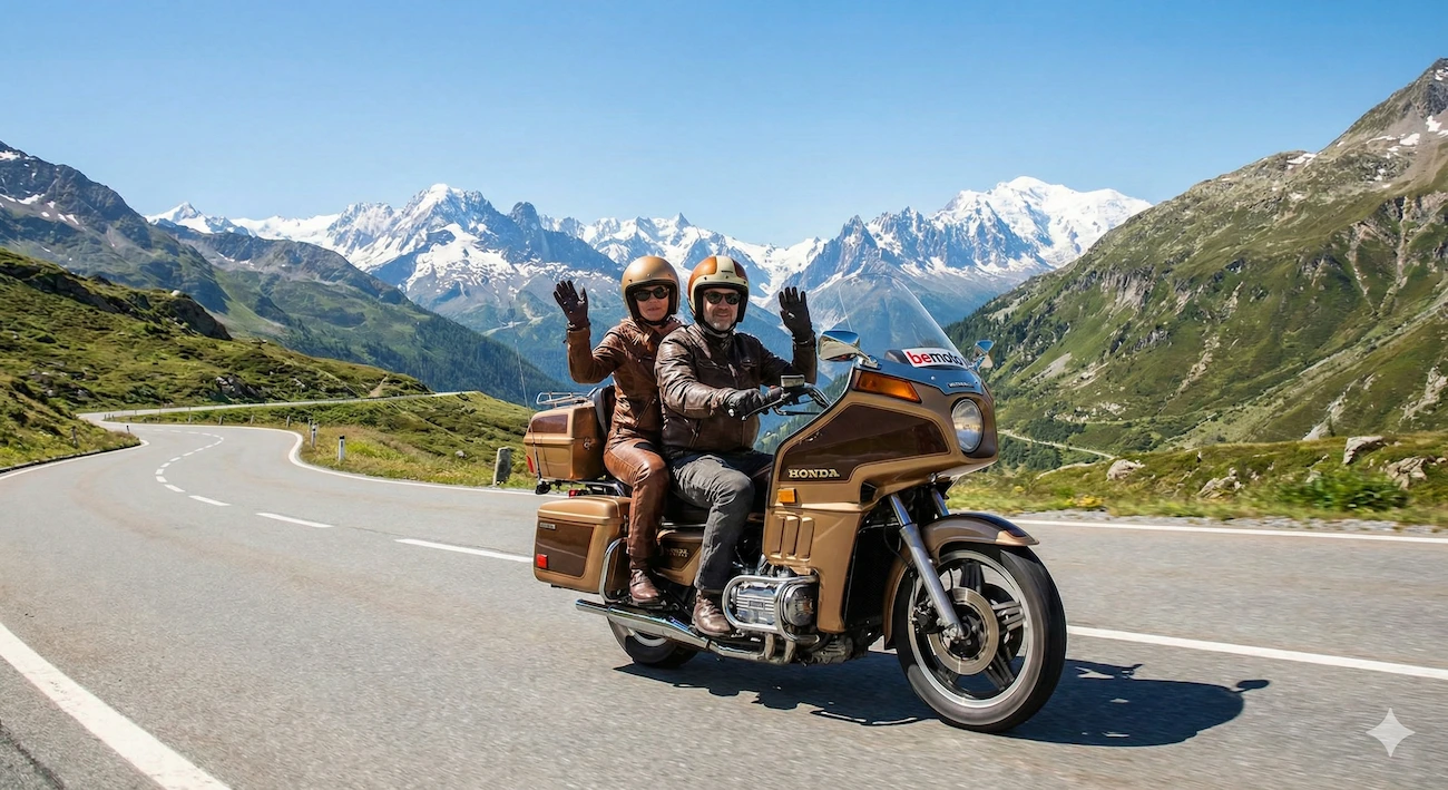 Classic Honda Gold Wing riding through mountains illustrating touring bike history.