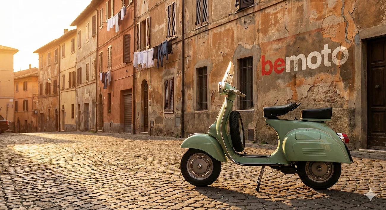Classic scooter history scene with a vintage bike on a cobbled street.