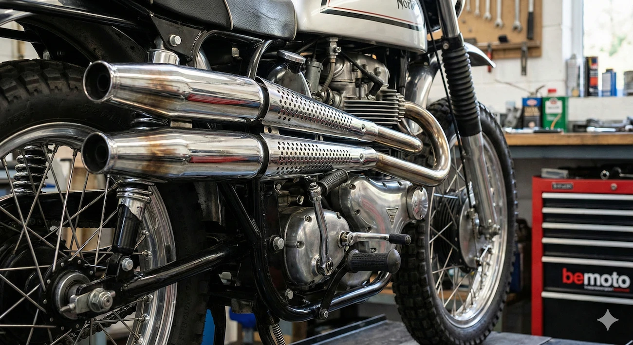 Detail of high level exhaust pipes on a vintage scrambler motorcycle.