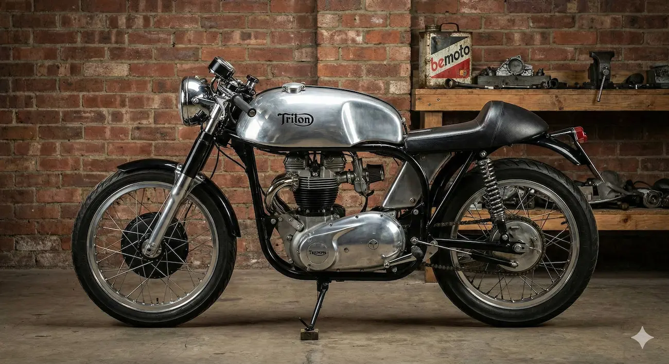 Silver Triton cafe racer motorcycle with clip-on handlebars.