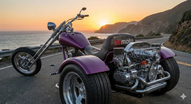 Trike history scene with a custom VW engine trike at sunset.