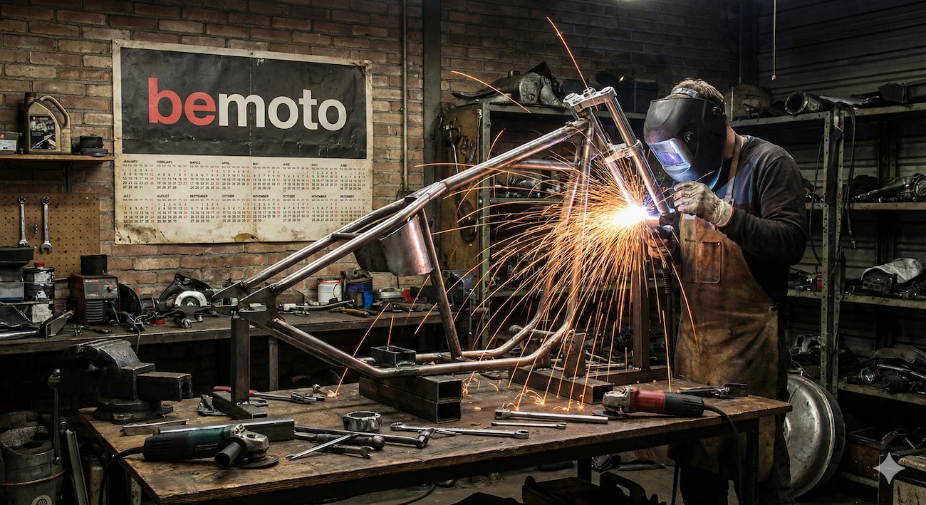 Mechanic welding a custom hardtail chopper frame in a garage.