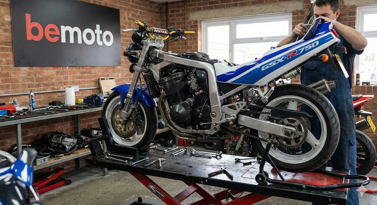 Mechanic modifying a sports bike into a streetfighter.