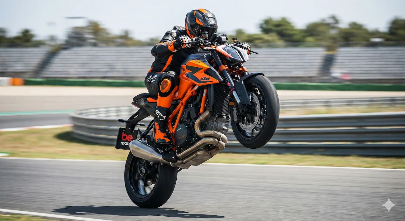 Modern hyper naked motorcycle doing a wheelie on track.