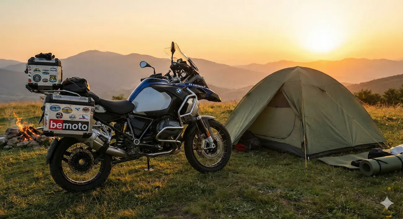 BMW GS adventure touring bike with aluminium panniers camping.