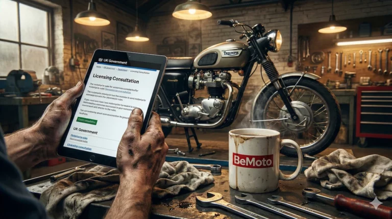 Mechanic in a garage reading about proposed motorbike licensing changes on a tablet with a BeMoto mug.