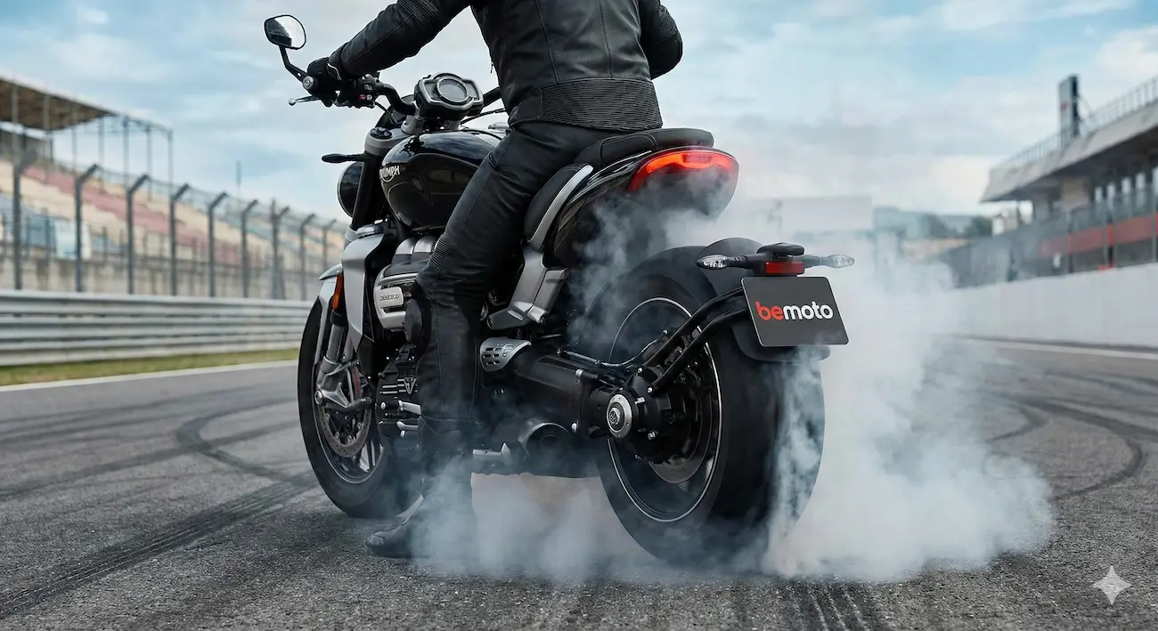 Modern power cruiser doing a burnout on a track.