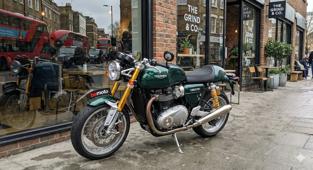 Modern retro cafe racer motorcycle on a city street.