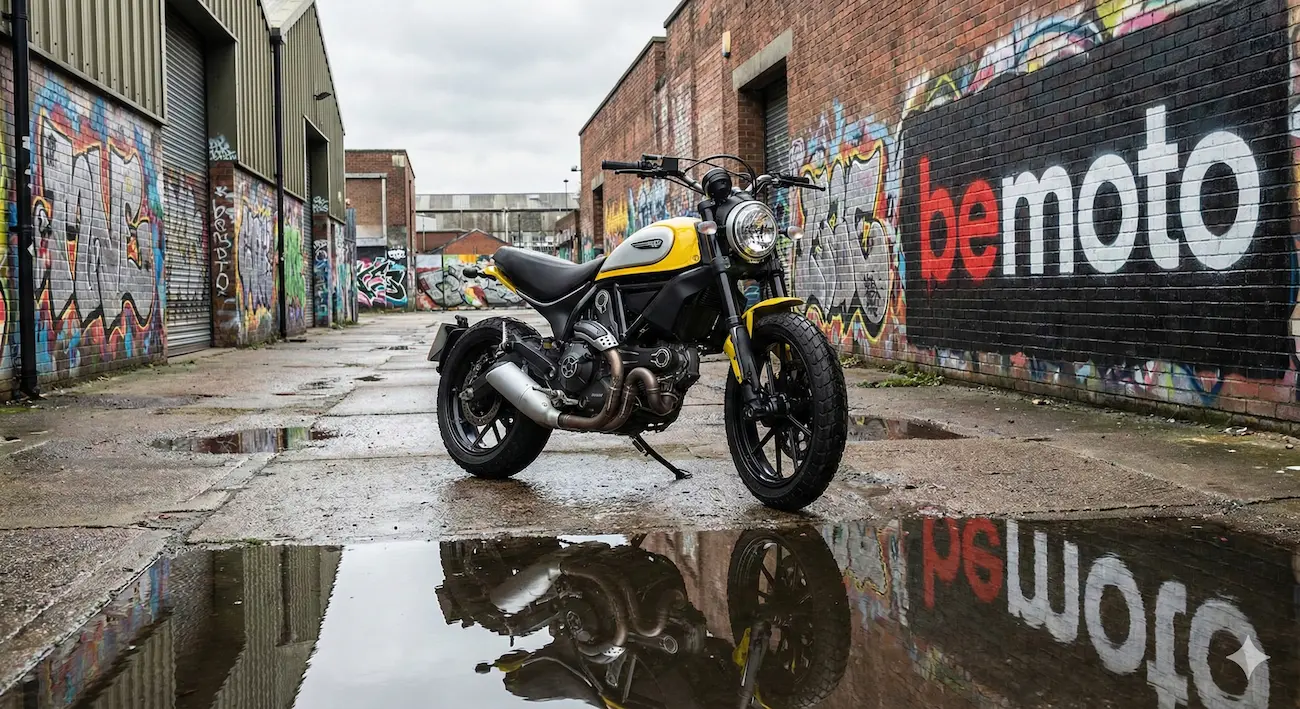 Modern retro scrambler motorcycle parked in a city alley.