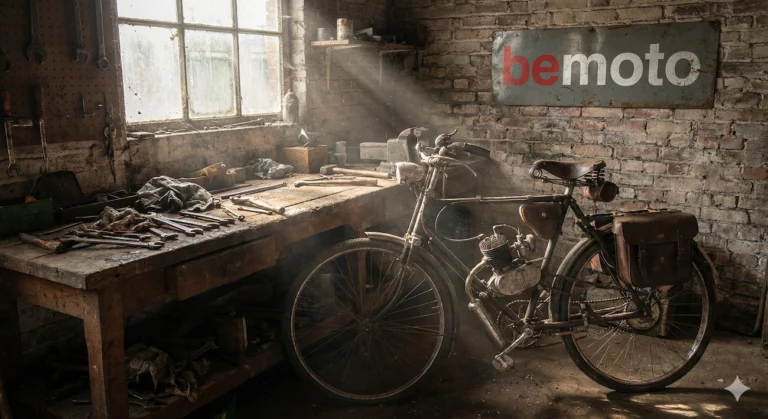 Early 1900s moped history showing a motorised bicycle in a garage.