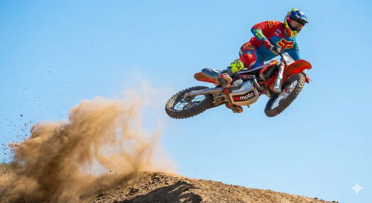 Motocross rider jumping high in the air showcasing dirt bike history.
