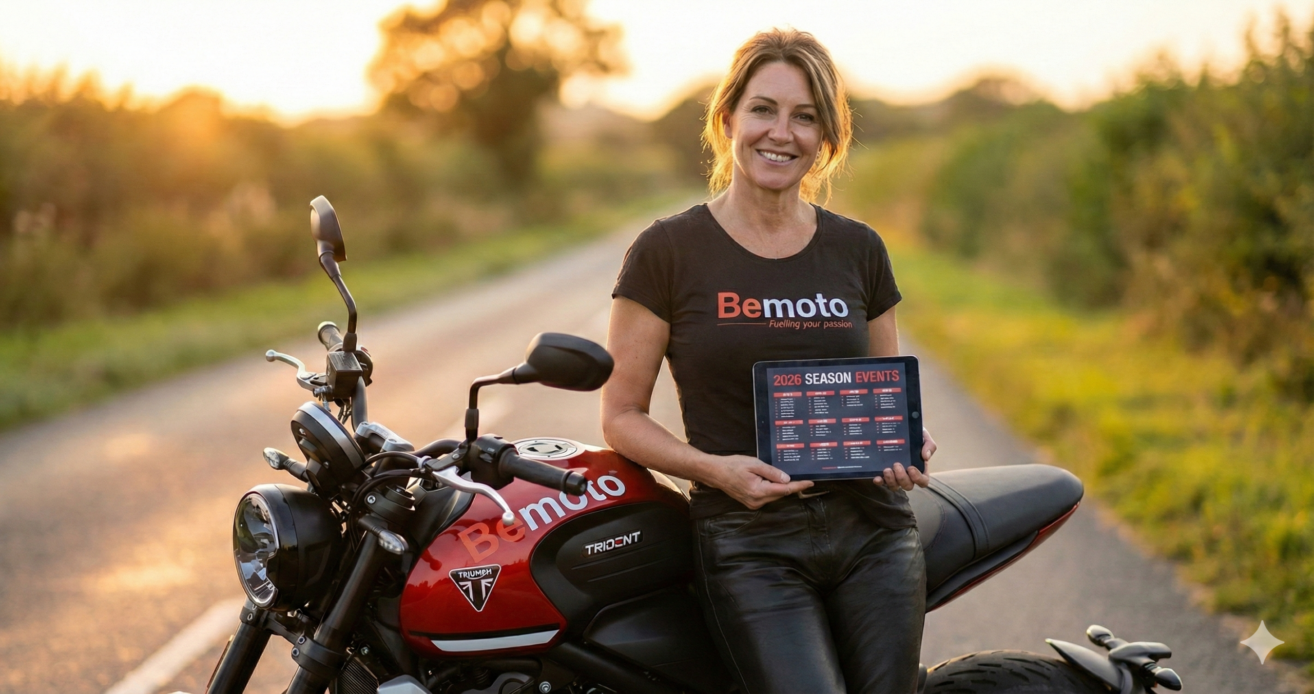 Smiling woman in a BeMoto t-shirt leaning on a red Triumph Trident motorcycle, holding a tablet displaying 2026 season events.