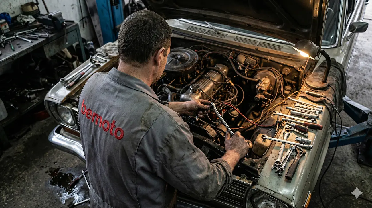 Mechanic working on a project car engine in a home garage
