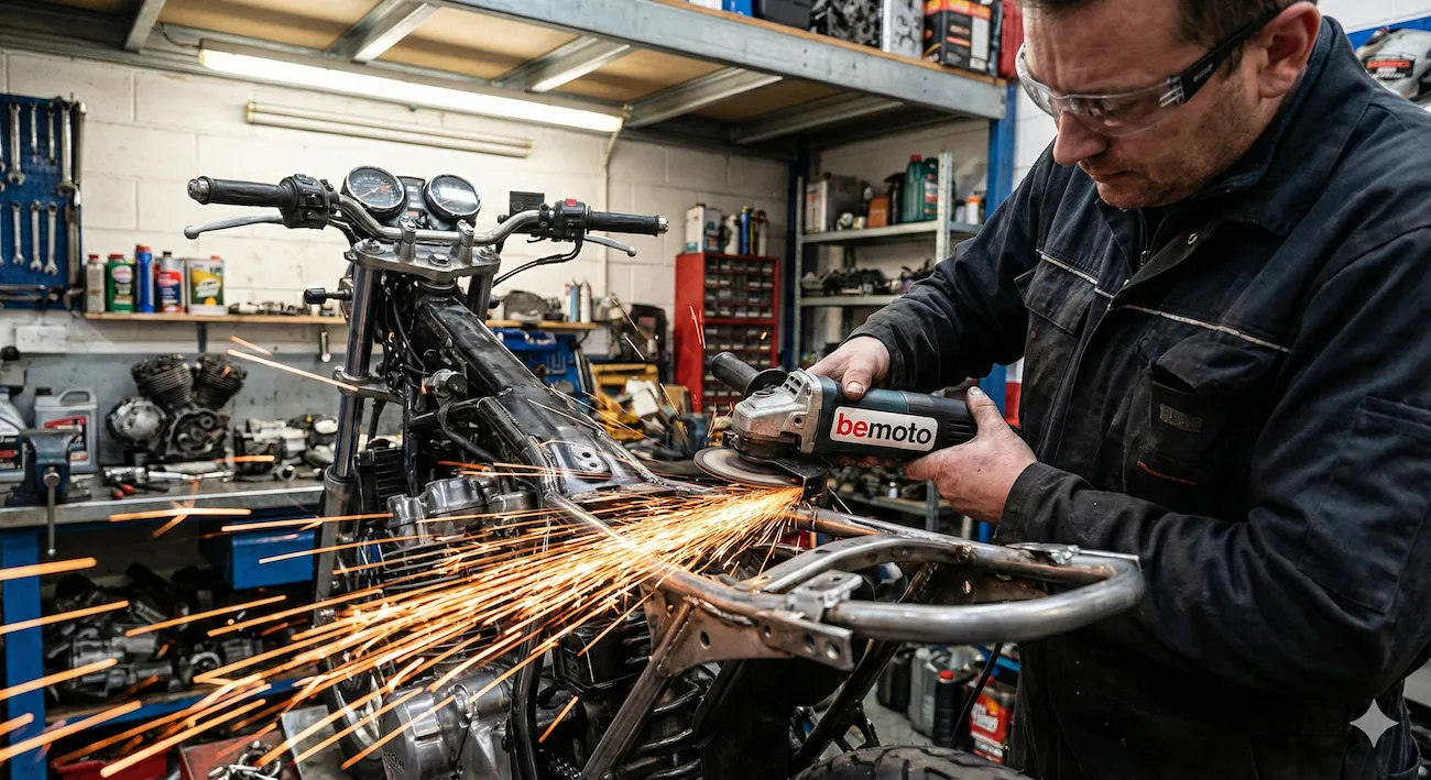 Custom bike builder grinding a frame in a workshop.