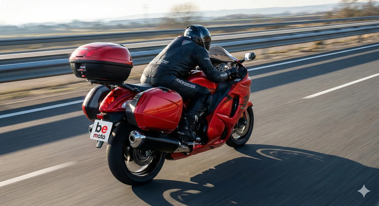 Sports touring motorcycle riding fast on a highway.