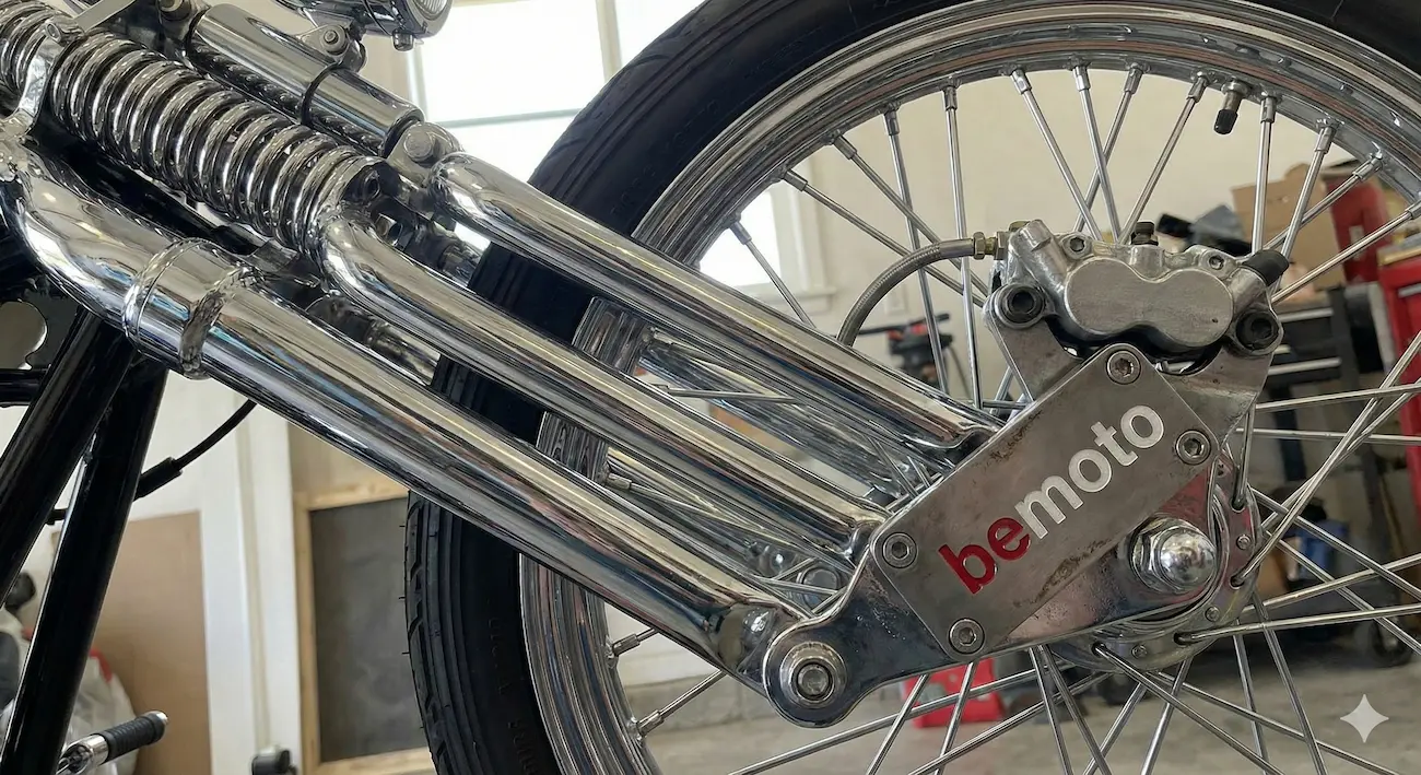 Chrome springer forks on a custom chopper motorcycle.