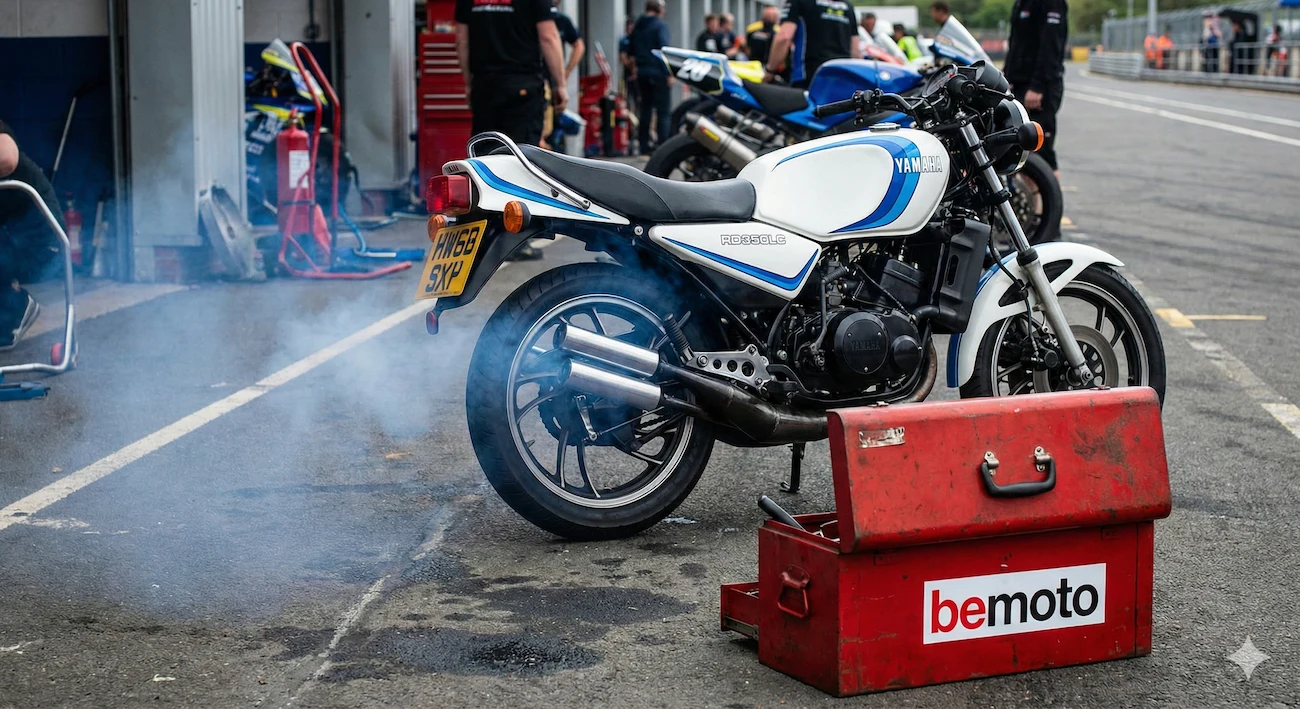 Vintage two-stroke sports bike surrounded by exhaust smoke.
