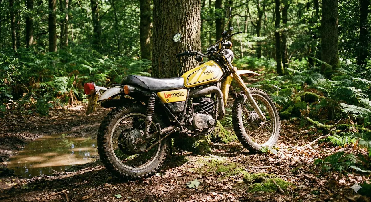 Vintage 2-stroke enduro motorcycle in the woods.
