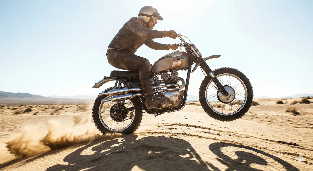 Scrambler history scene with a vintage Triumph jumping in the desert.
