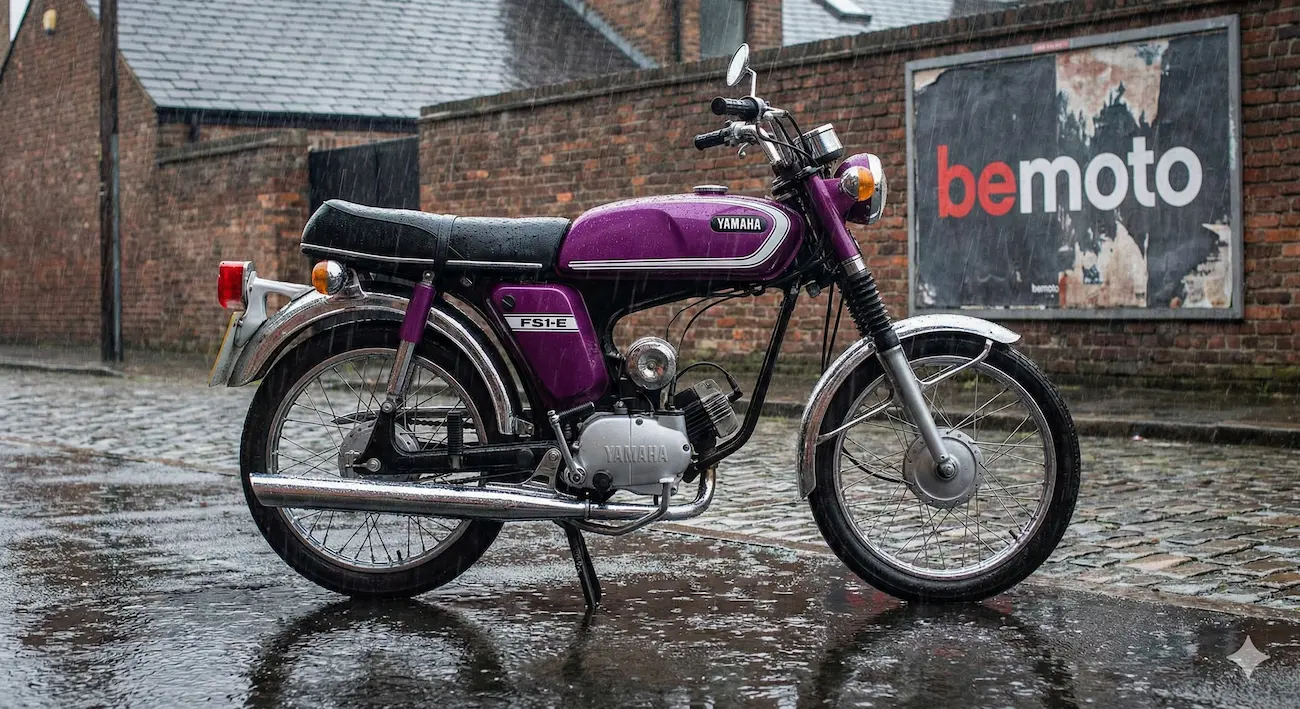Purple Yamaha FS1-E sports moped from the 1970s.