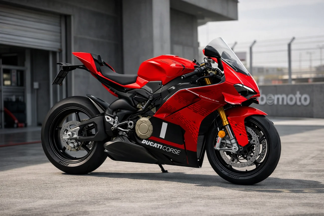 2026 Ducati Panigale V4S in red and black Ducati Corse livery displayed in a racetrack paddock with subtle bemoto branding in the background.